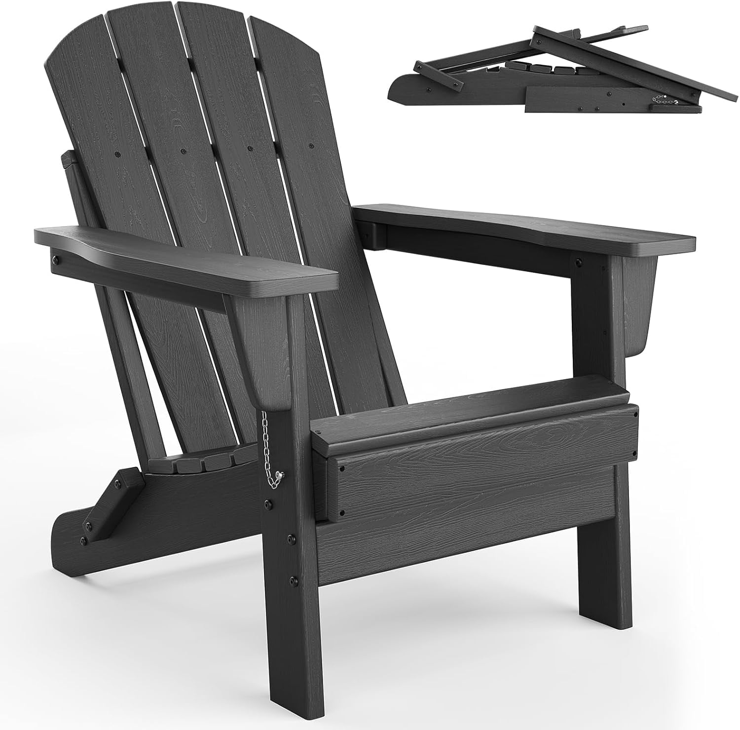 Folding Adirondack Chairs Set of 2, HDPE Plastic Outdoor Chairs with Wood Texture 380 LBS & Weather Resistant for Fire Pit, Deck, Patio, Pool, Backyard Black