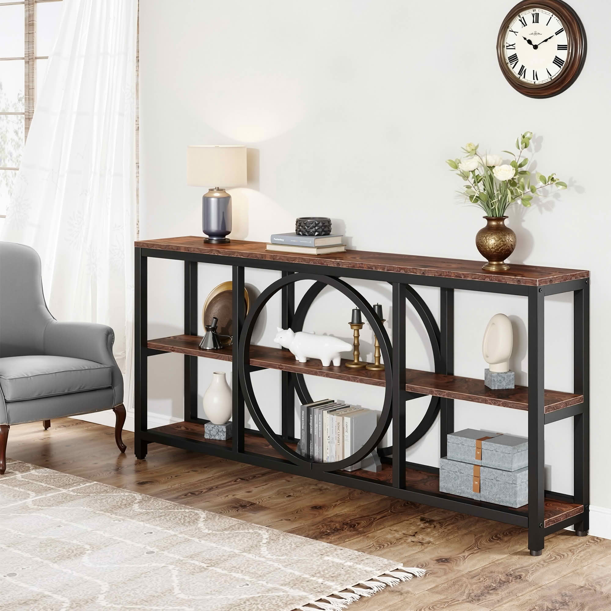 MAYEERTY 70.9" Narrow 3-Tier Console Table, Circular Black Metal Frame Waterproof MDF Sofa Table for Entryway Living Room
