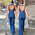 thumbnail image 2 of Women Denim Sleeveless Backless High Waist Flare Leg Jumpsuit Fitted One Piece Outfit, 2 of 9