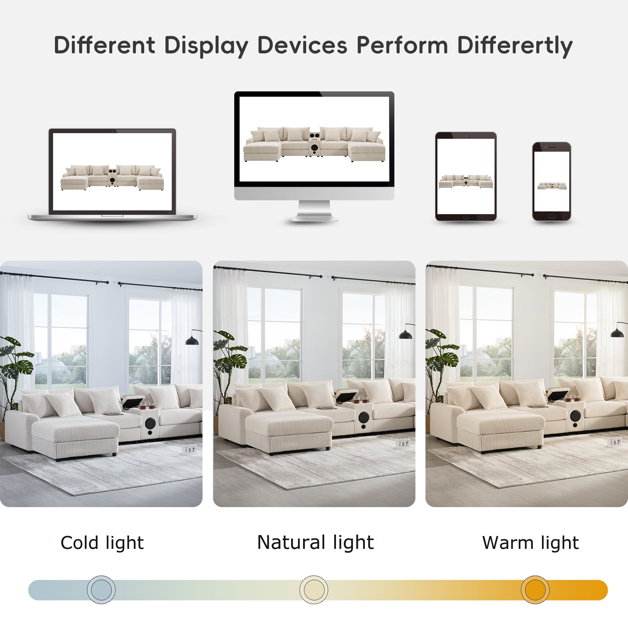 Sectional Sofa, Modular Sofa, U-Shape Couch, Corduroy Sofa with Console, Integrated Audio and Movable Ottoman, Cream