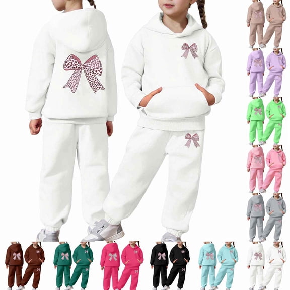 JAJAHO Girls Sweatsuit 2 Piece Outfits Leopard Bow Printed Long Sleeve Hoodie And Sweatpants Jogger Set For Kids 2-13Y