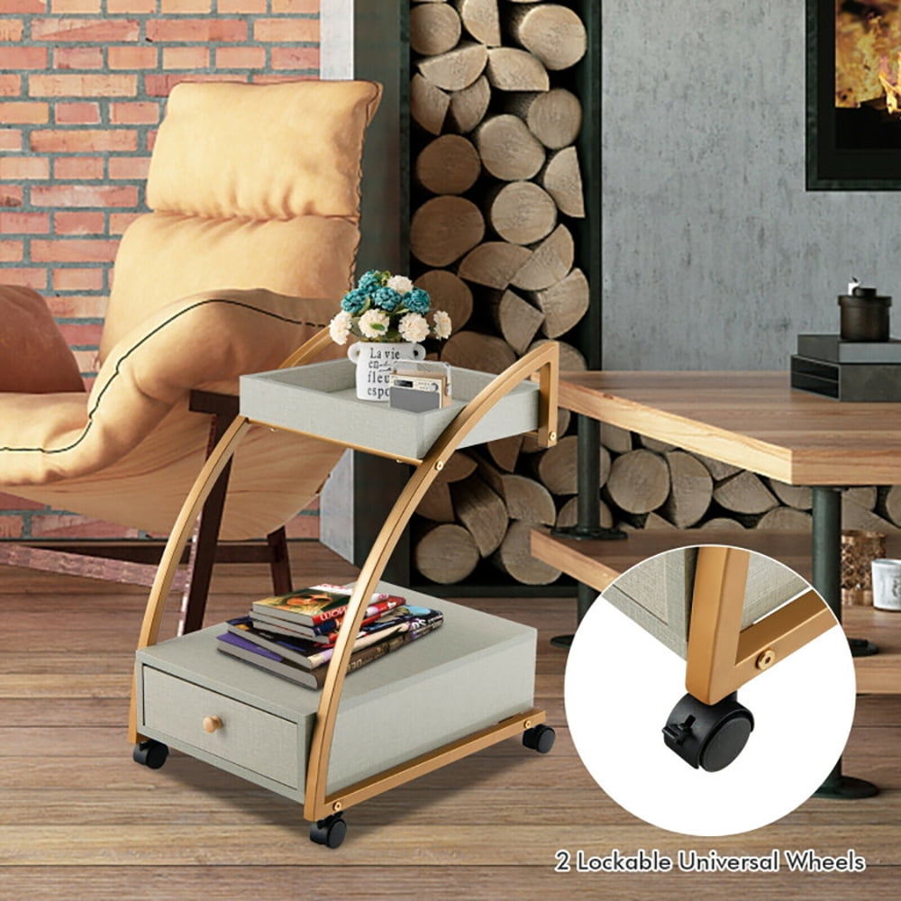 Finihen Rolling End Table, Modern 2-Tier Rolling End Table with Tray Top and Pull-Out Drawer, Sofa Side Table, Bed Side Table, for Living Room, Bedroom, Gray Finihen Rolling End Table, Modern 2-Tier Rolling End Table with Tray Top and Pull-Out Drawer, Sofa Side Table, Bed Side Table, for Living Room, Bedroom, Gray