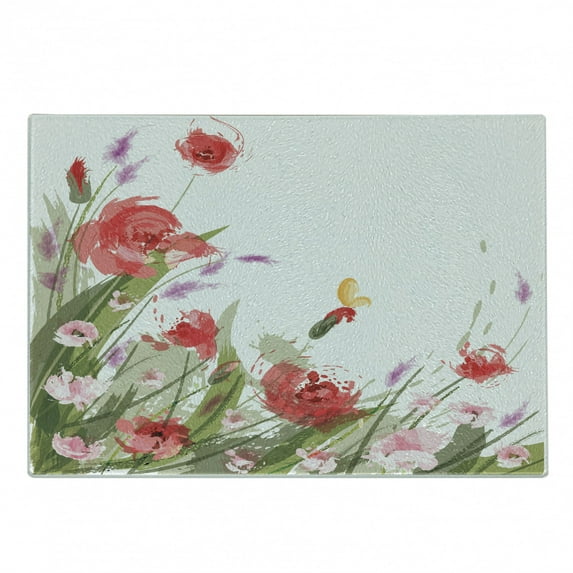 Spring Cutting Board, Artisitc Burshstrokes Botanical Image with Flowers Plants and Winged Insect Image, Decorative Tempered Glass Cutting and Serving Board, in 3 Sizes, by Ambesonne