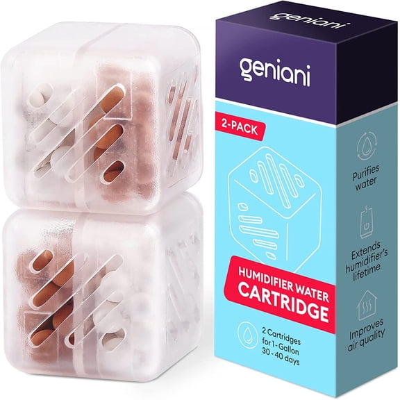 Geniani Humidifier Water Cartridges – Demineralization Cartridges for Humidifiers, Water Tank Cleaner for Ultrasonic & Evaporative Humidifiers, Helps Reduce Hard Water Mineral Build-Up (2-Pack)