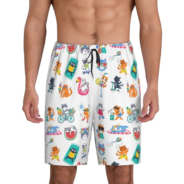 Cauagu Hello Summer Imprimé Chat Bas de Pyjama pour Hommes Shorts de Pyjama Taille Élastique Short de Pyjama pour Hommes-Petit