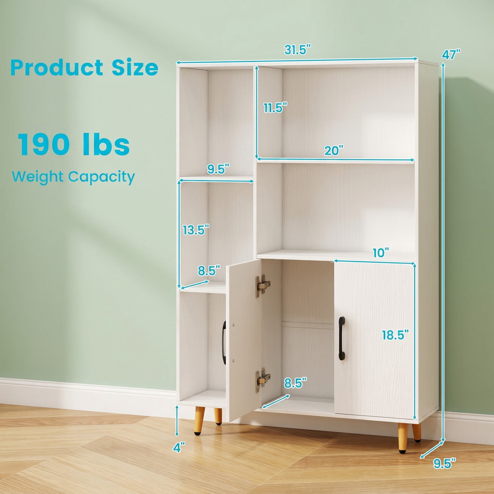Furnibear Free Standing Pantry Cabinet with 2-Door Cabinet and 5 Open Shelves, Modern Storage Bookcase Organizer with Metal Legs for Kitchen Living Room Study, White