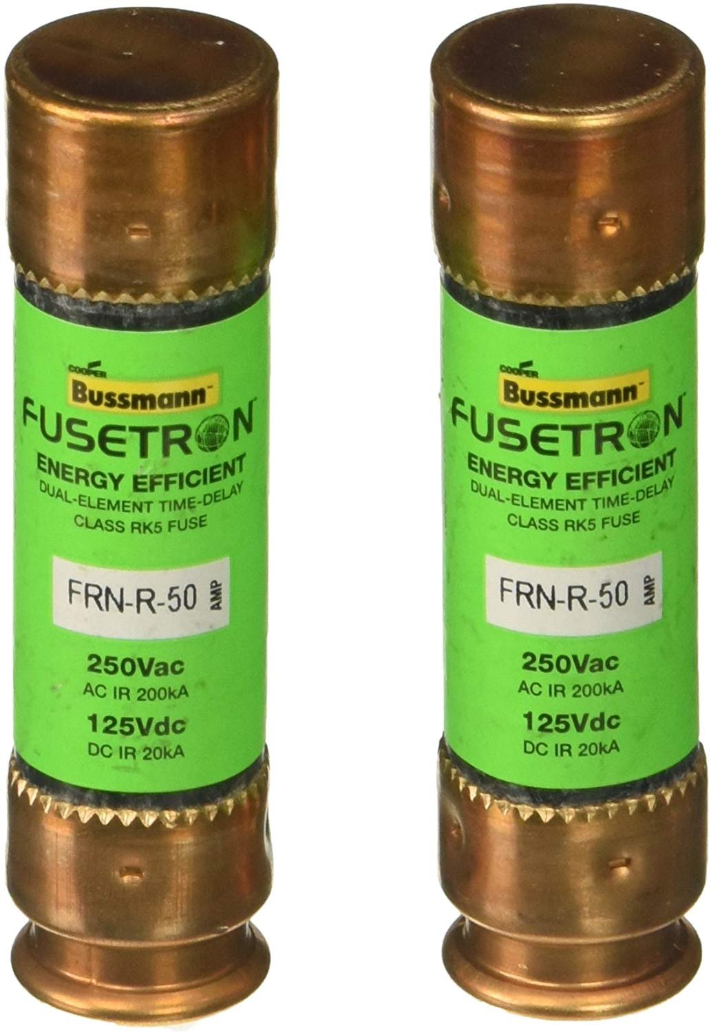 Bussmann BP/FRN-R-50 50 Amp Fusetron Dual Element Time-Delay Current  Limiting Class RK5 Fuse, 250V Carded UL Listed, 2-Pack