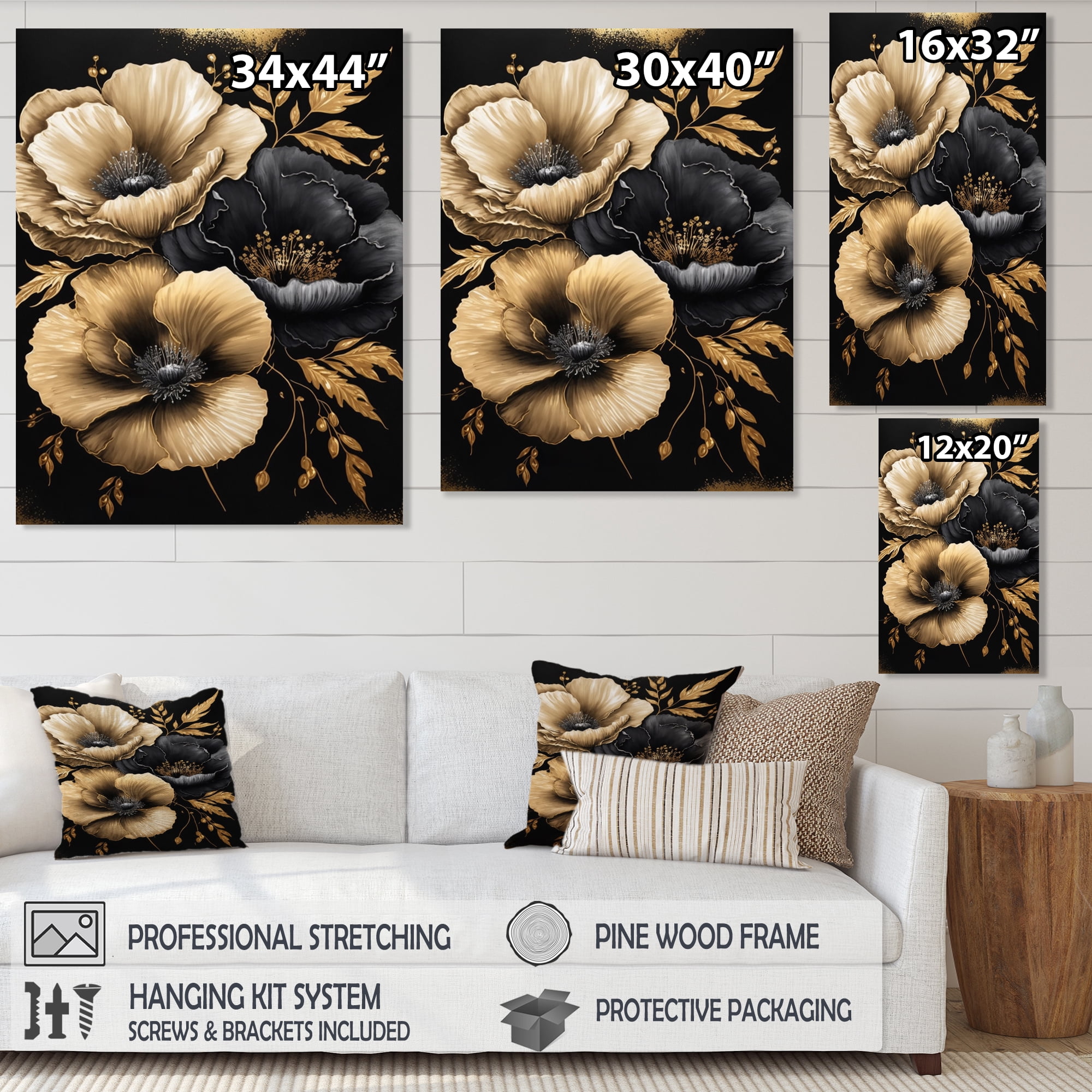 Designart Black And Gold Hibiscus II Canvas Wall Art