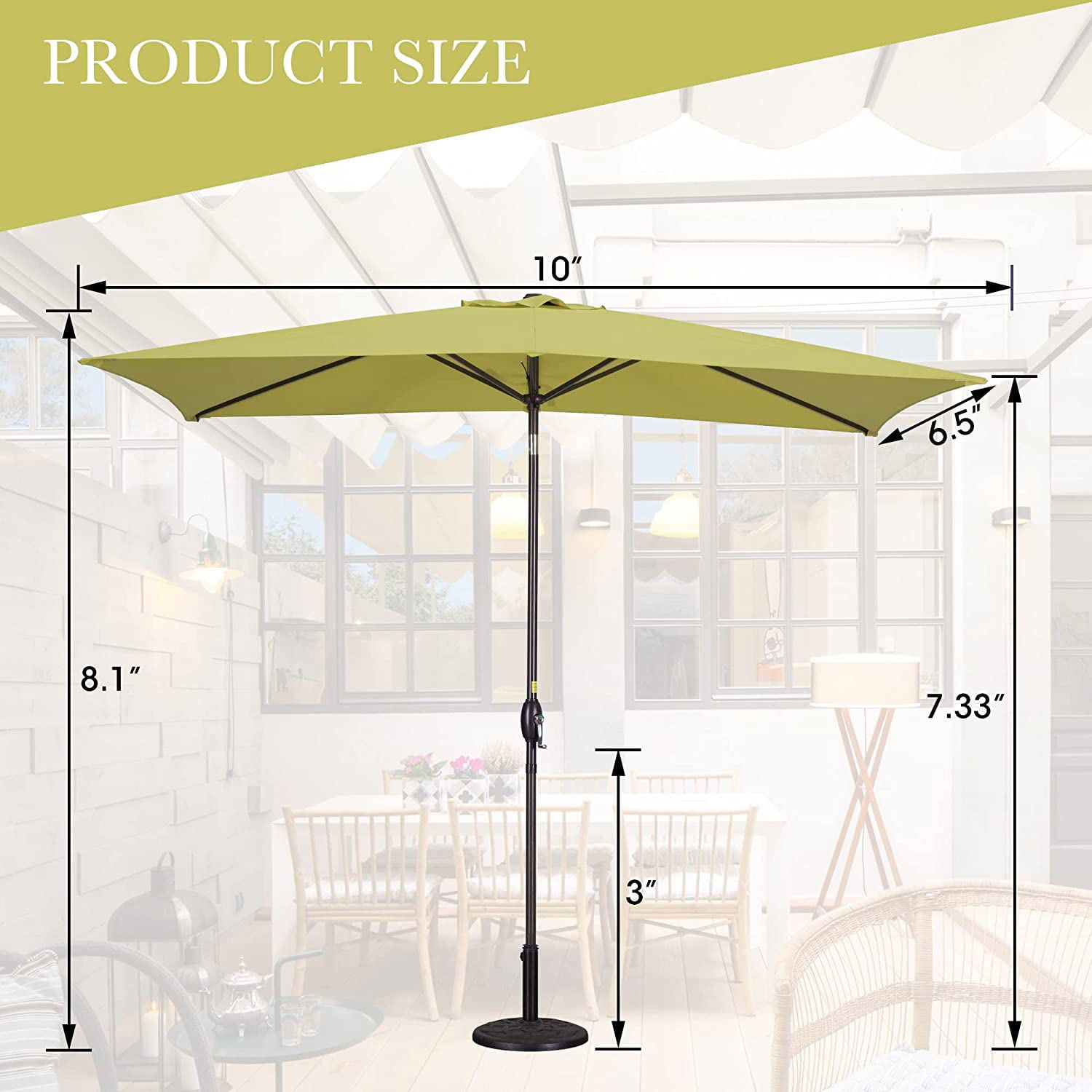 Royalcraft 6.5 x 10 Ft Rectangular Patio Umbrella, Outdoor Table Market Umbrella with Crank, 6 Steel Ribs, Polyester Canopy, Lime Green