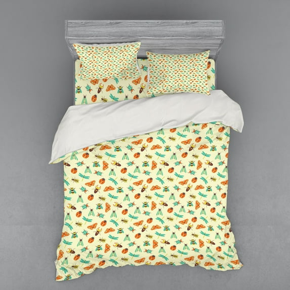 Ladybug Duvet Cover Set, Illustration of Insects Ladybugs Butterflies and Dragonflies on Pale Green Backdrop, Bedding Set with Shams and Fitted Sheet, 3 Sizes, by Ambesonne