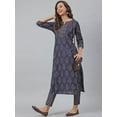 thumbnail image 1 of Jansaya Indian V-Neck 3/4 Sleeve Block Print Navy Blue Cotton Straight Kurta with Pant For Women, 1 of 8