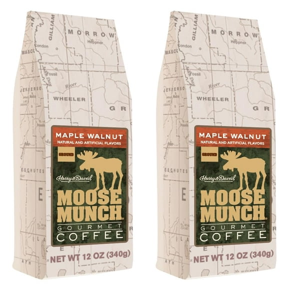 Moose Munch Maple Walnut Ground Coffee – 2 Pack, 12 oz Bags – Sweet Maple Flavor with Nutty Walnut Flavored Medium Roast Coffee