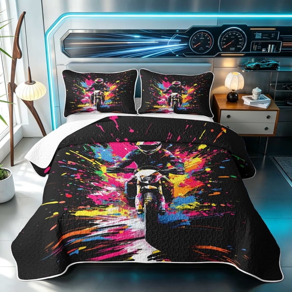 Erosebridal Dirt Bike Twin Quilt Set, Motocross Twin Coverlet Set, Black Colorful 2pcs 1 Bedspread and 1 Pillowcase