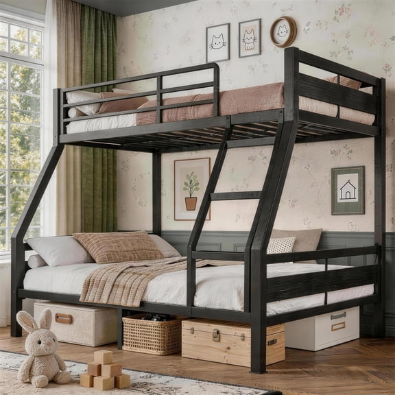 Virans Twin Over Full Metal Bunk Bed with Full-Length Guardrails, Under-Bed Storage, Black