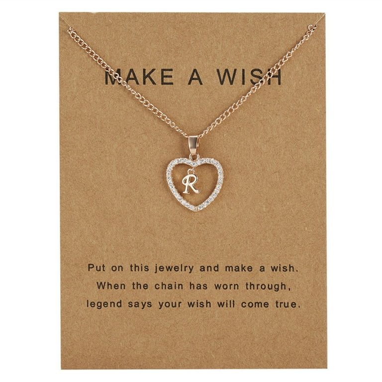 26 Letters R Heart Shape Pendant Necklace Rhinestone Rose Golden
