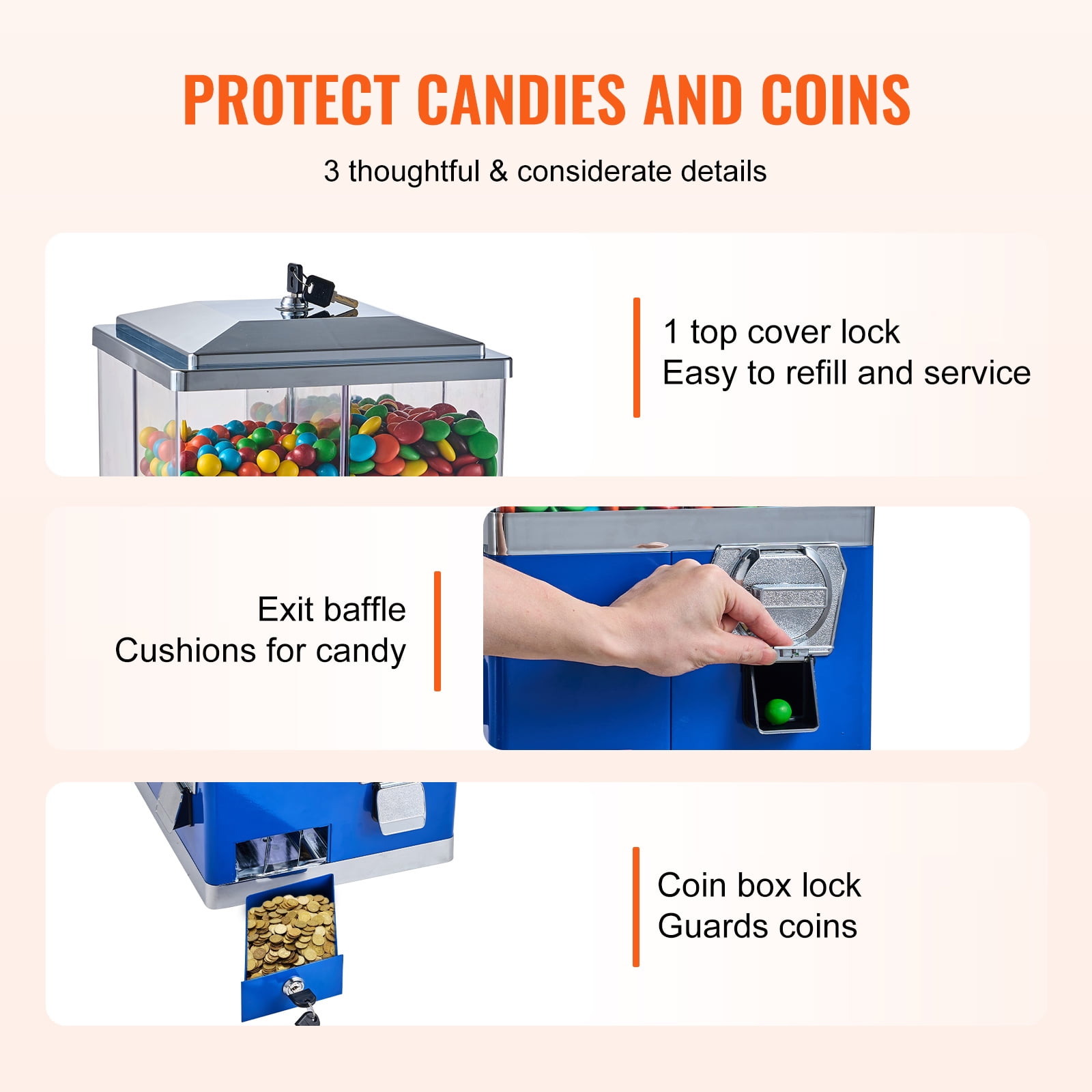 KFFKFF Industrial Candy Machine, Quad Section Swivel Sweet and Gumball Vendor, Modifiable Elevation Coin-Driven Candy Repository with Metal Base