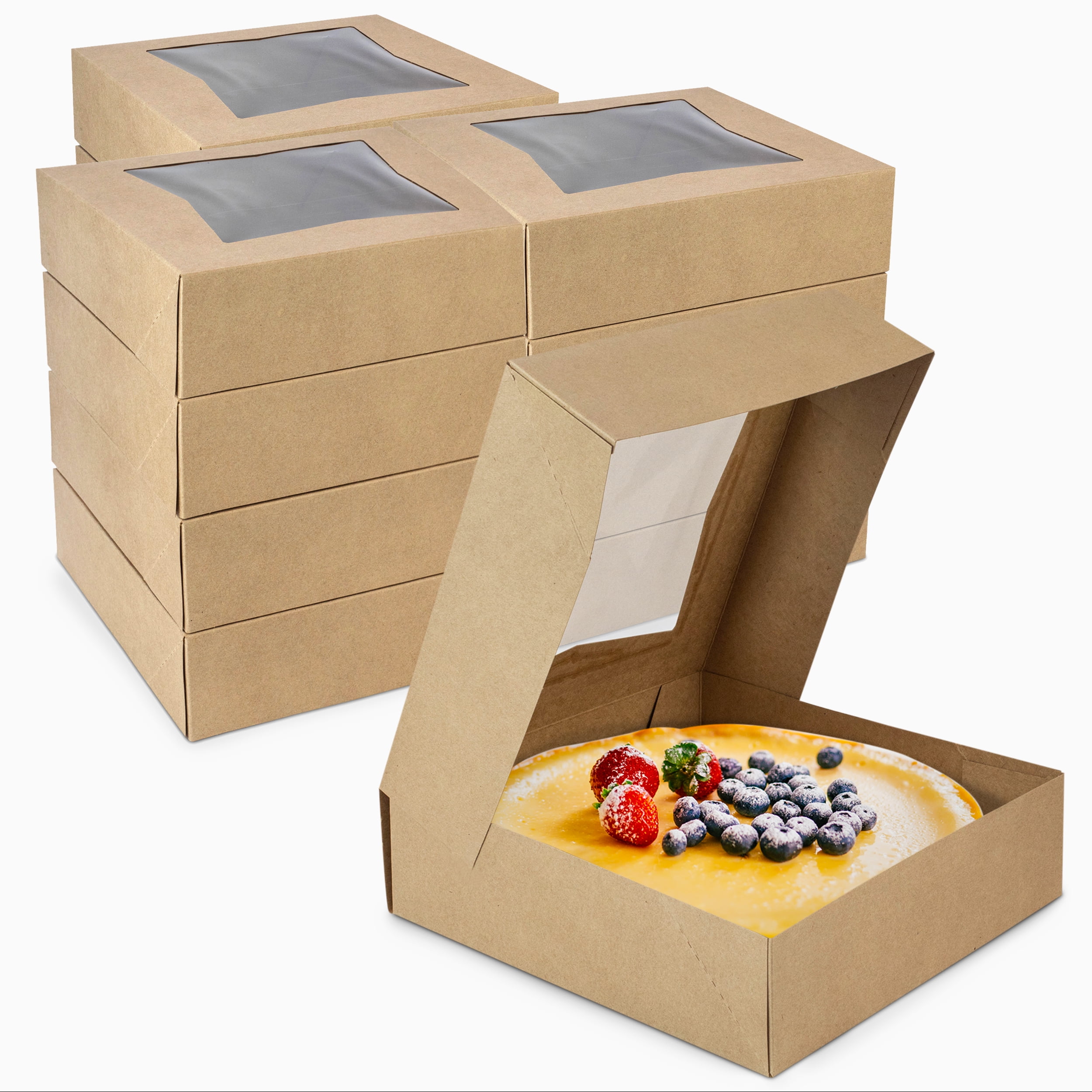 [25 Pack] 9x9 Bakery Boxes with Window Square Kraft Pie Boxes with Auto Popup Clear Window