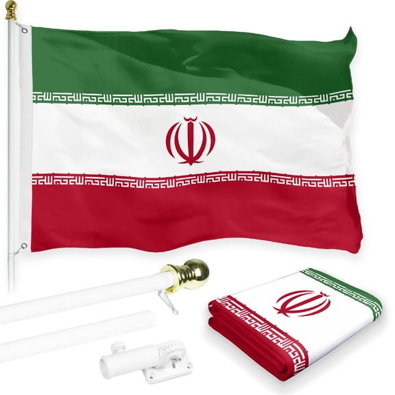 G128 Combo Pack: 6 Feet Tangle Free Spinning Flagpole (White) Iran Iranian Flag 3x5 ft Printed 150D Brass Grommets (Flag Included) Aluminum Flag Pole