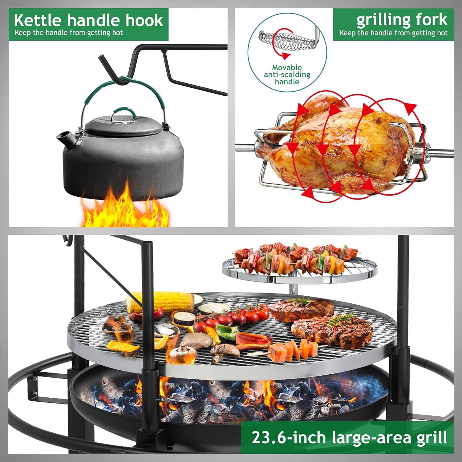 VINGLI 33" Round Metal Wood Burning Fire Pit with Dual Swivel Cooking Grates