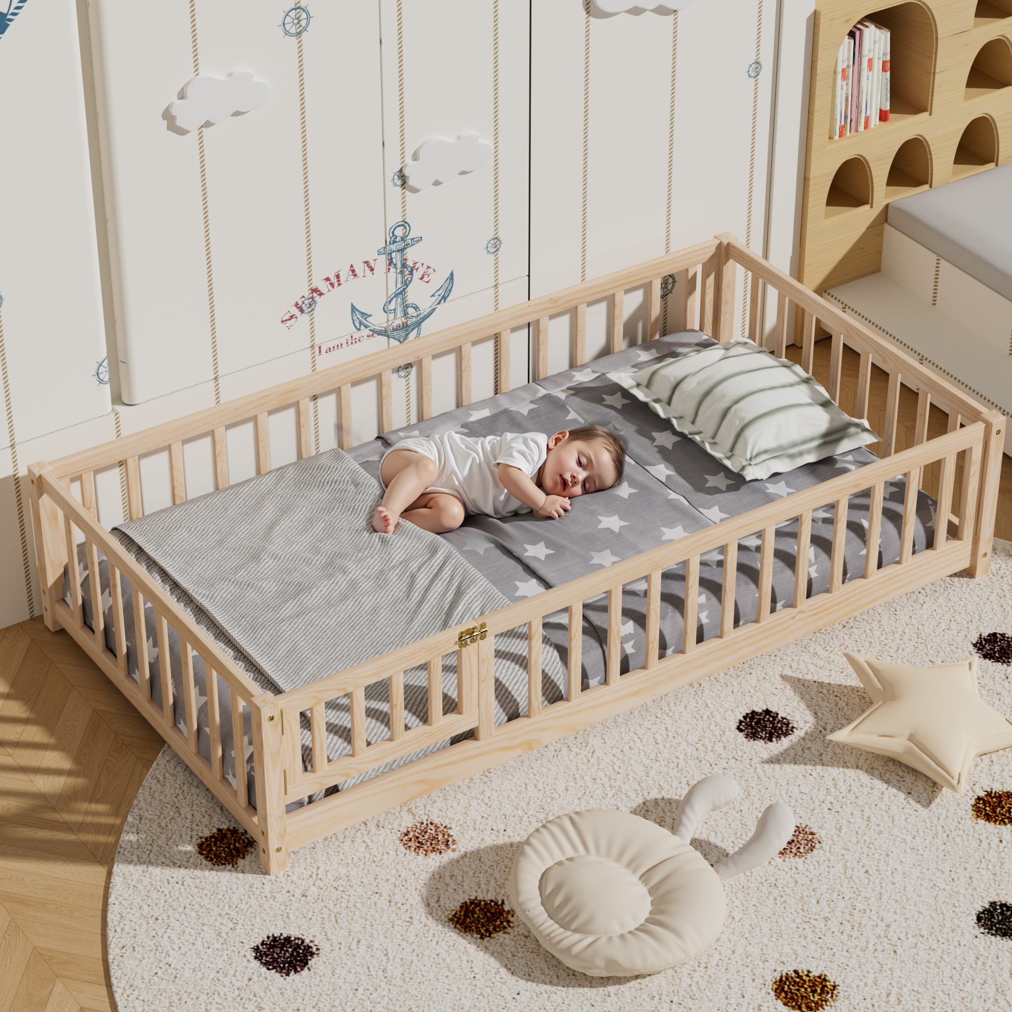 Twin Floor Bed Frame, Montessori Floor Bed with Fence and Wood Slats, Natural