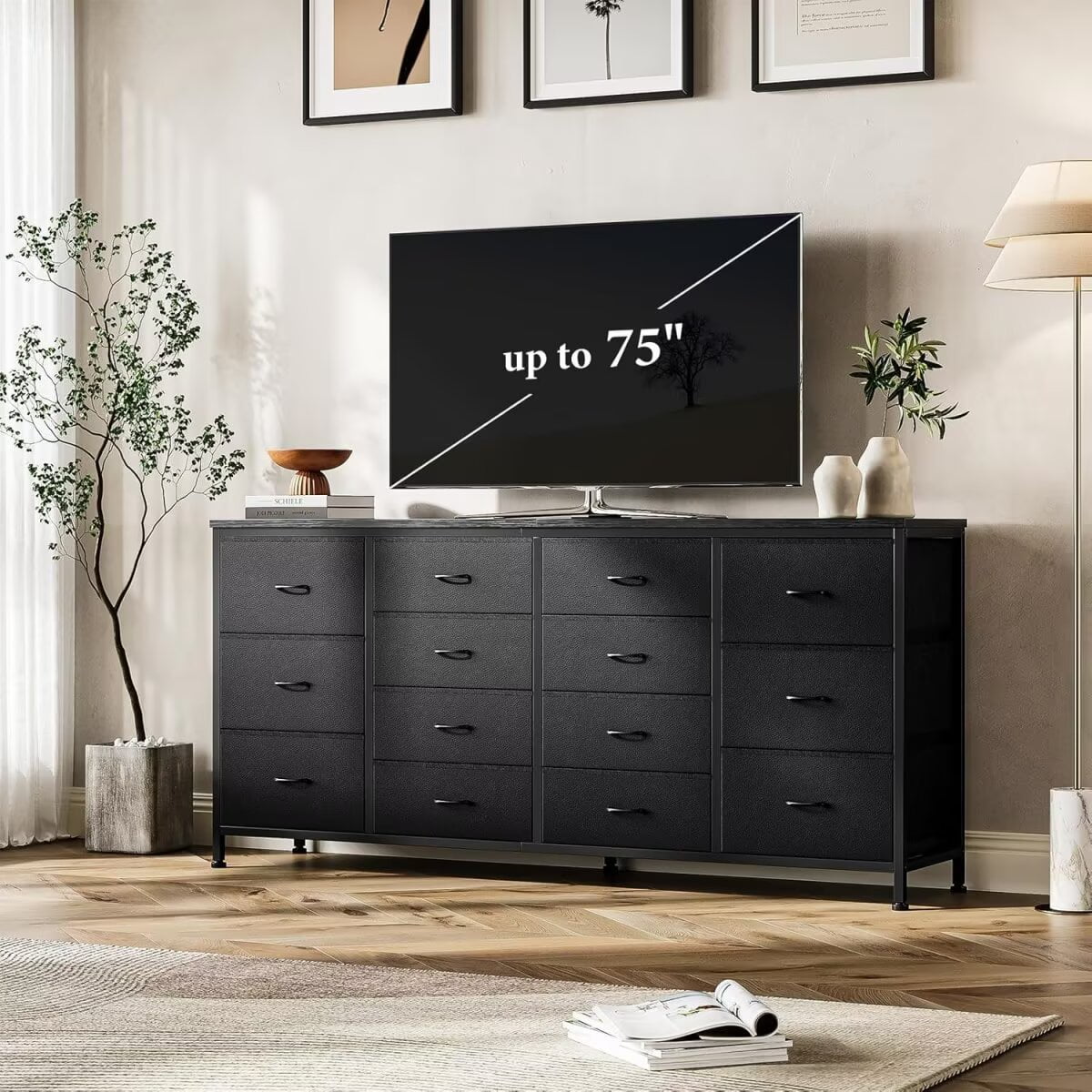 Dresser TV Stand for up to 75 Inch TV, 14 Drawer Dresser with Power Outlets & Wood Top, Long Fabric Dresser Organizer for Bedroom, Living Room, Entryway, Black