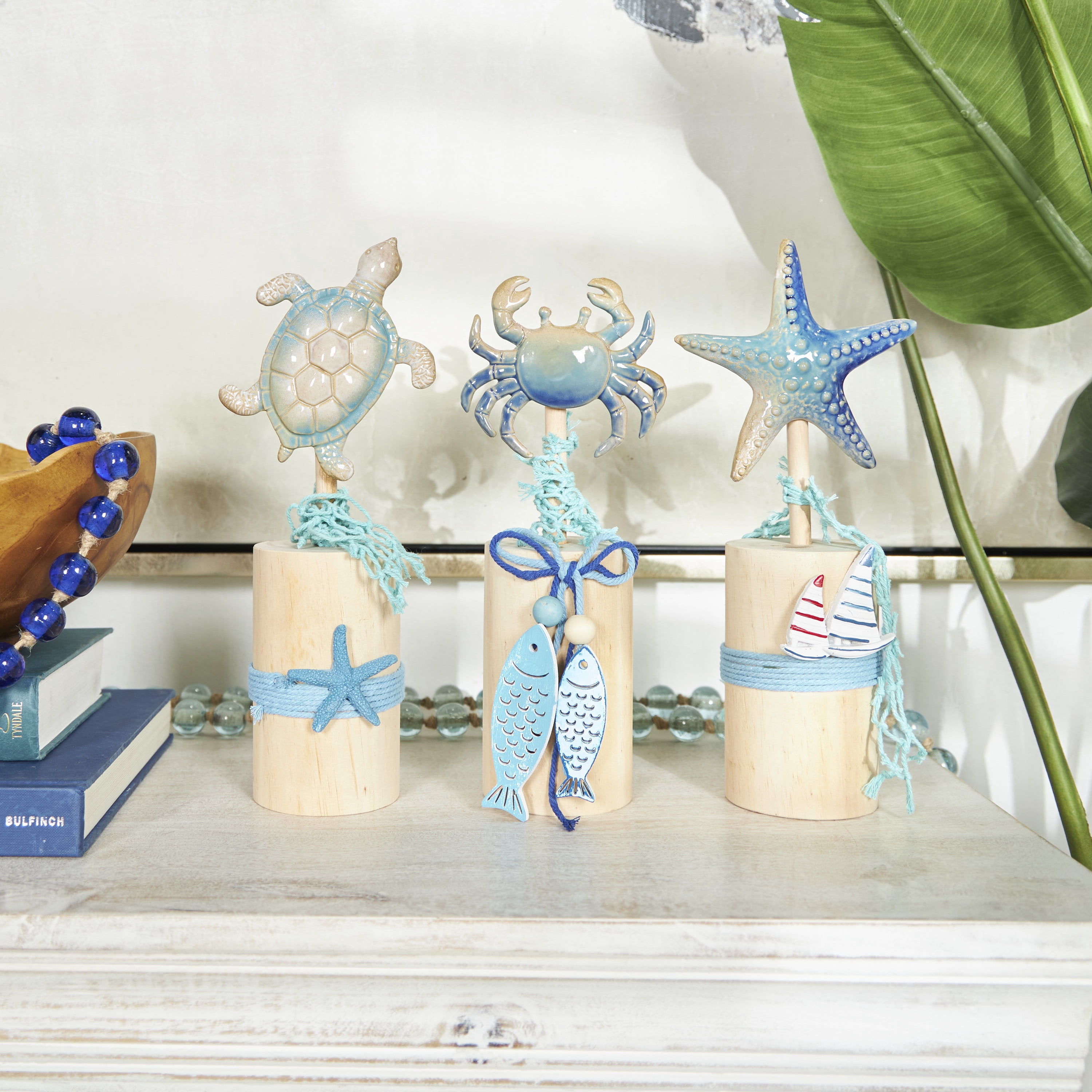 4"W, 12"H Blue Ceramic Handmade Ombre Sea Life Sculpture with Cylinder Block Bases and Netting Accents, by DecMode (3 Count)