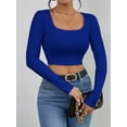 thumbnail image 4 of Long Sleeve Crop Tops for Women Ribbed Square Neck Slim Fitted Casual Lady Fashion Top Royal Blue M, 4 of 7