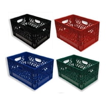 24 Quart 4 Pack Milk Crates - HDPE Plastic Stackable Crate - Black, Blue, Red, & Green Utility Crates for Storage, Moving, Organizing - Heavy Duty Reusable