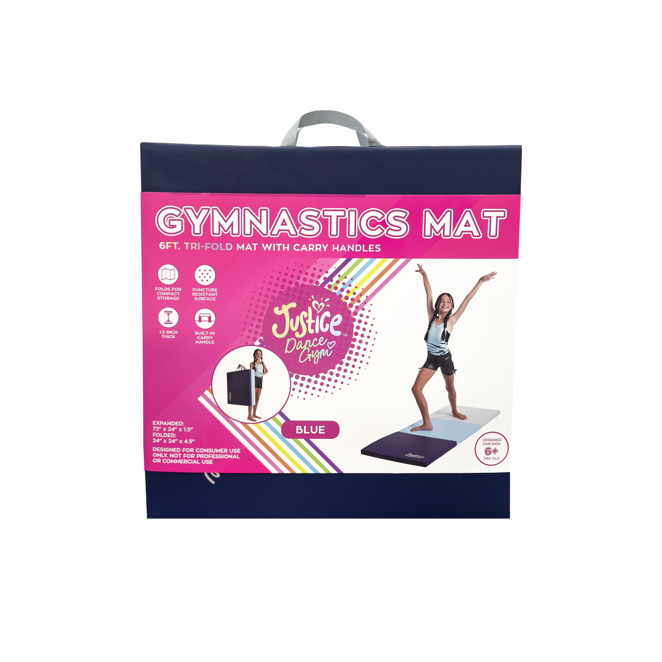Justice 6' Three Folding Gymnastics Mat with Carry Handles, Multi Color, Blue, 1.5-inch Thickness