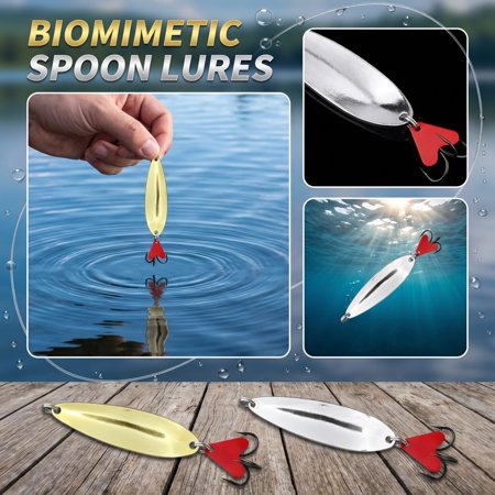 QLUEWX Metal Spoon Fishing Lures Silver Electroplated Long Casting Spoon Lures With Treble Hooks & Red Heart Tab Saltwater Freshwater Fishing Tackle Outdoor Gift for Anglers