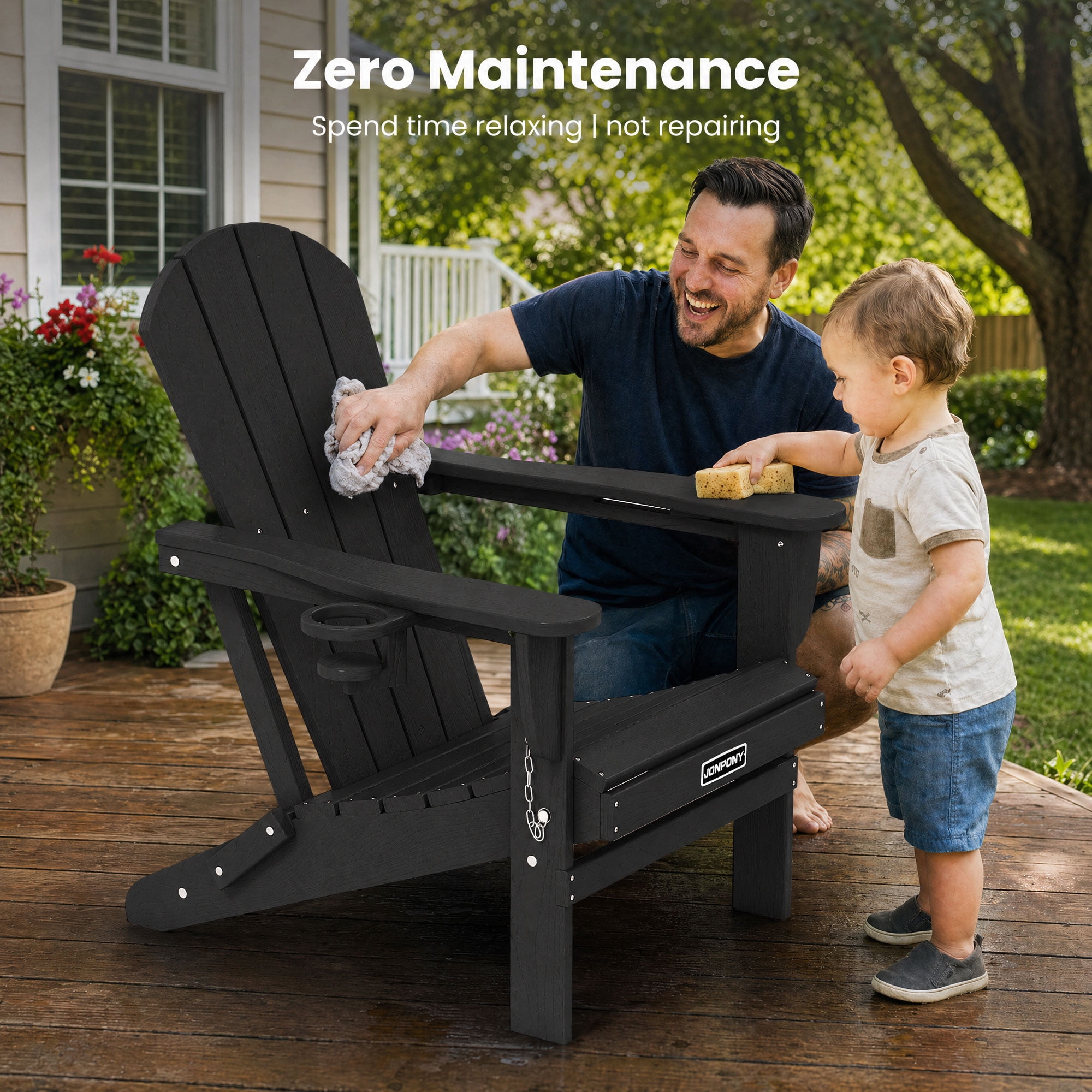 JONPONY Folding Adirondack Chair - HDPE All-Weather Outdoor Chairs, Patio Chairs Outdoor Wood Like Adirondack Chair for Backyard, Camping, Pool & Fire Pit,Black