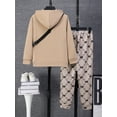 thumbnail image 4 of Mikrdoo Big Boys Fall Winter Outfits Letter Print Casual Pullover Hoodies Fashion Full Print Pants With A Satchel 3Pcs Clothes Set (7-15Y,Khaki), 4 of 9