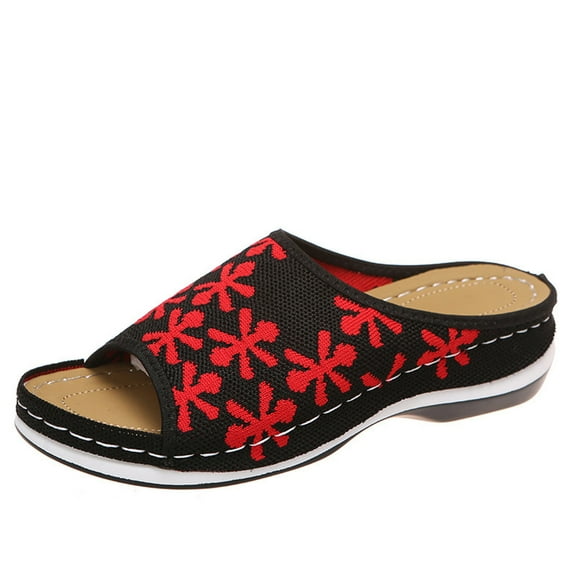 JeashCHAT Clearance Slip On Slide Sandals for Women Fish Mouth Slippers, Retro Color Matching Flowers, Wedges With Flying Woven Slippers (Black)
