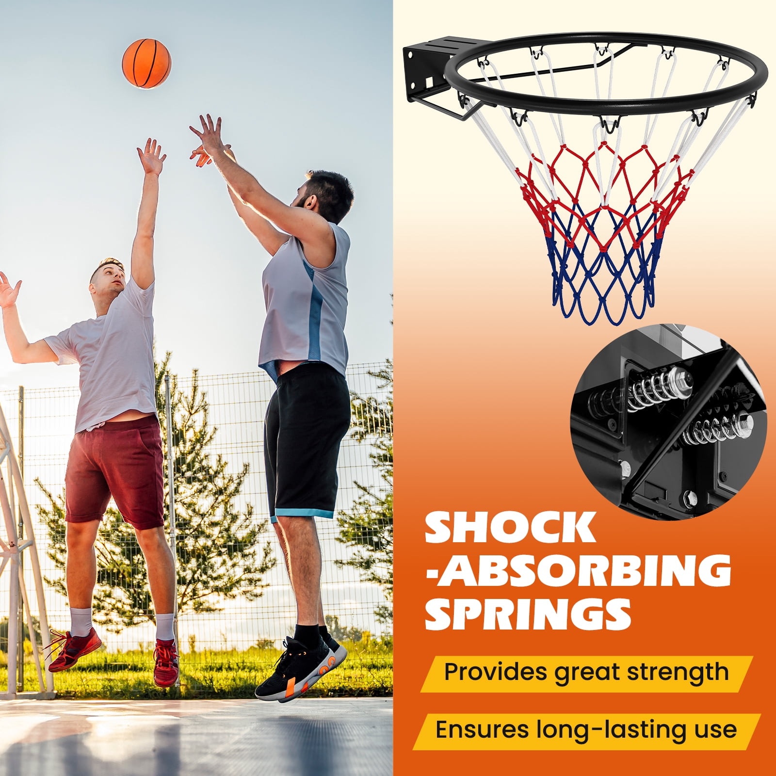 Patiojoy 18" Standard Basketball Rim Replacement for Most Backboards Shock-absorbing Springs & Weather-resistant Net Black