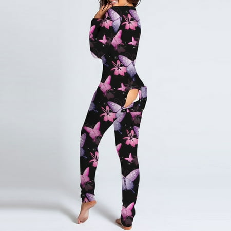 

purcolt Women s Plus Size Butterfly Print Onesie Pajamas Sexy Butt Back Flap Jumpsuit Sleepwear Bodycon Bodysuit Deep V Neck Button-Down Overall Rompers Nightwear