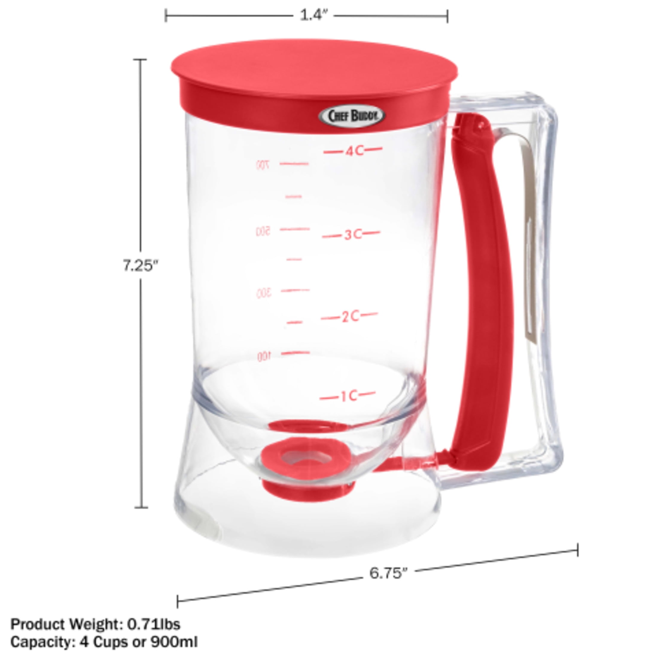 Chef Buddy 4-Cup Pancake Batter Dispenser with Squeeze Handle (Red)