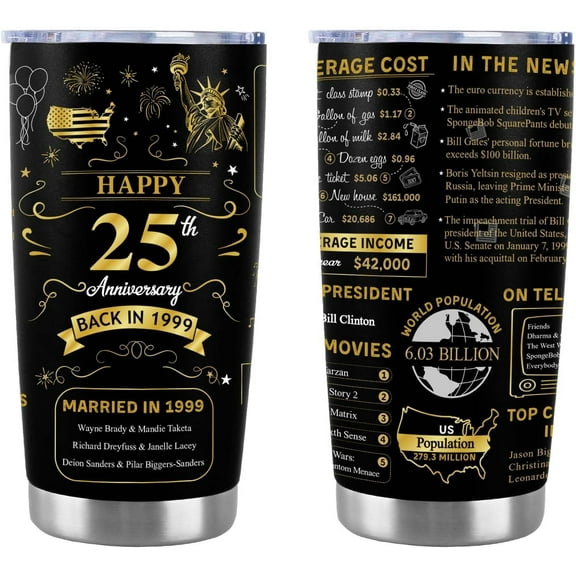 Happy 25th Anniversary Wedding Gifts for Men Women 25th Anniversary Tumbler 25 Years Wedding Gifts for Couple Wife Husband Back in 1999 Stainless Steel Vacuum Insulated Tumbler 20 oz