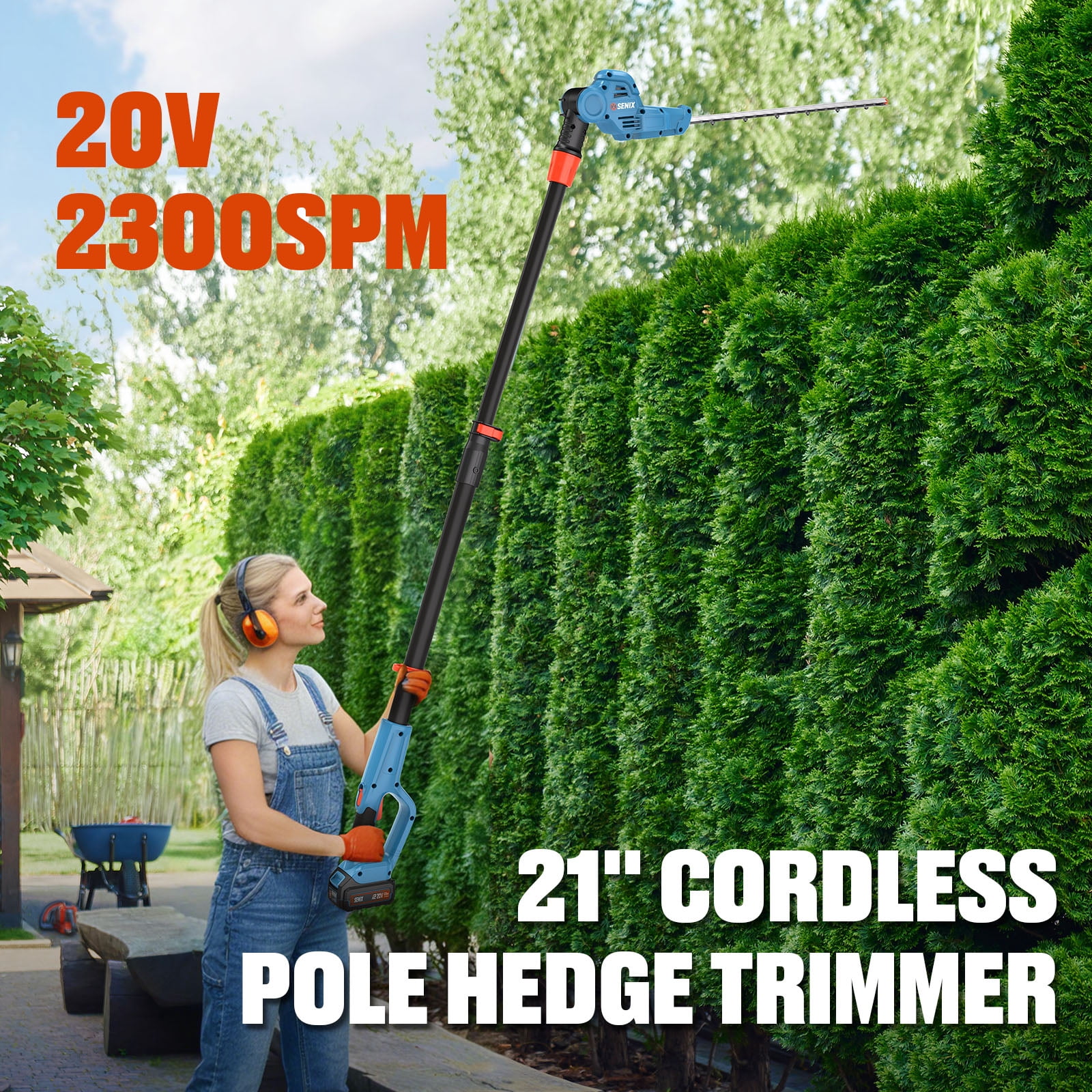 SENIX 20 Volt Max* Cordless Pole Hedge Trimmer 21-inch Blade Length with Adjustable Head & Telescoping Shaft, Battery & Charger included, HTPX2-M