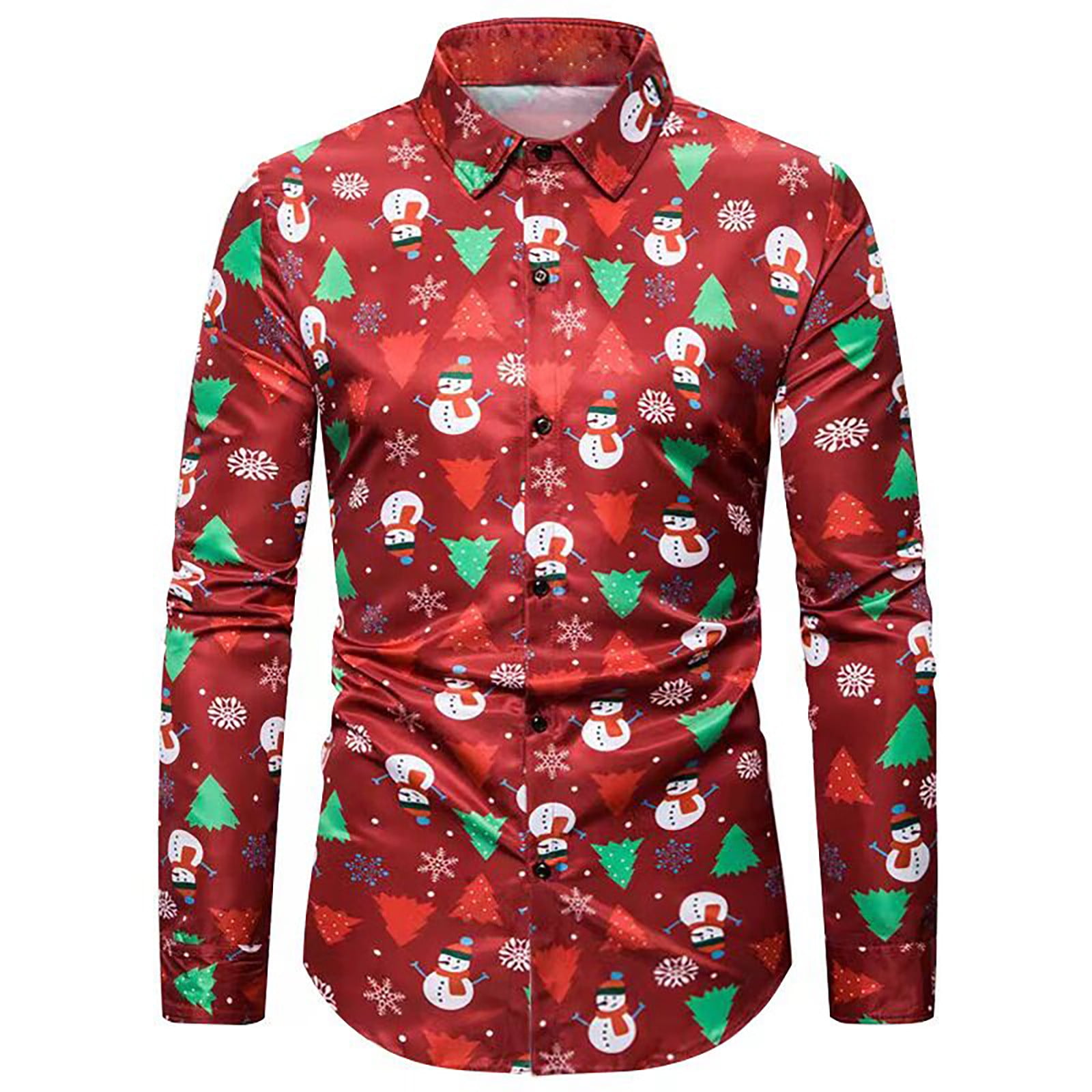 Men's Christmas Dress Shirt Slim Lapel Button Long Sleeve Shirt Fashion ...