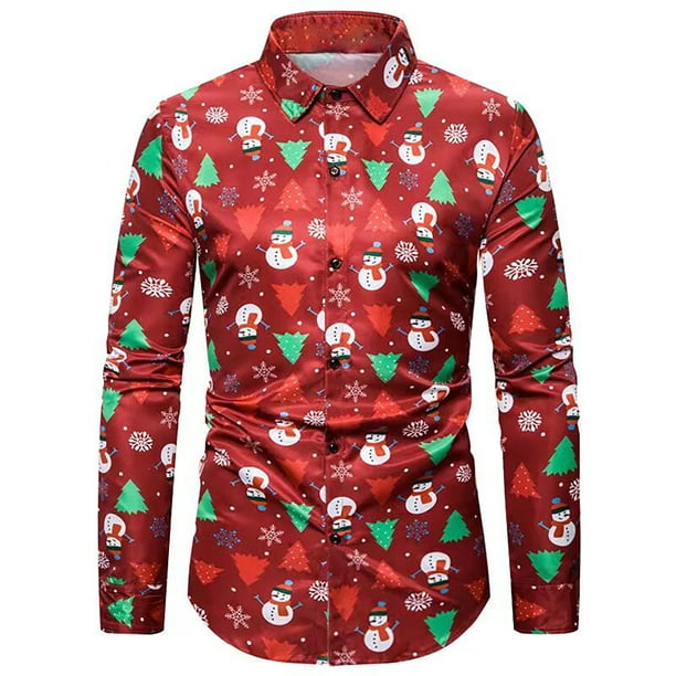 Christmas Costumes for Men Party Holiday Outfits Xmas Tree Snowman Print  Long Sleeve Button Up Dress Shirts