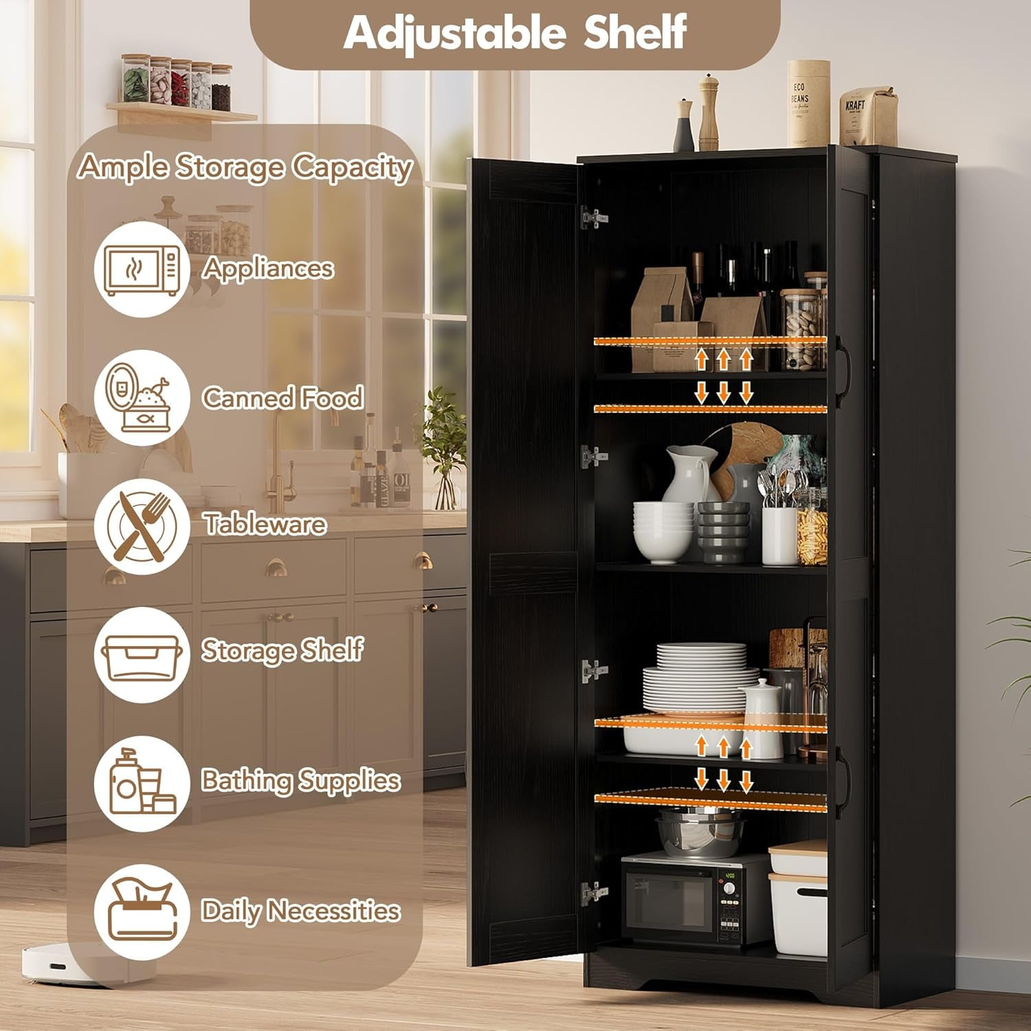Kitchen Pantry Cabinet, Freestanding Black Pantry Storage Cabinet, 60" Cupboard, Tall Cabinet