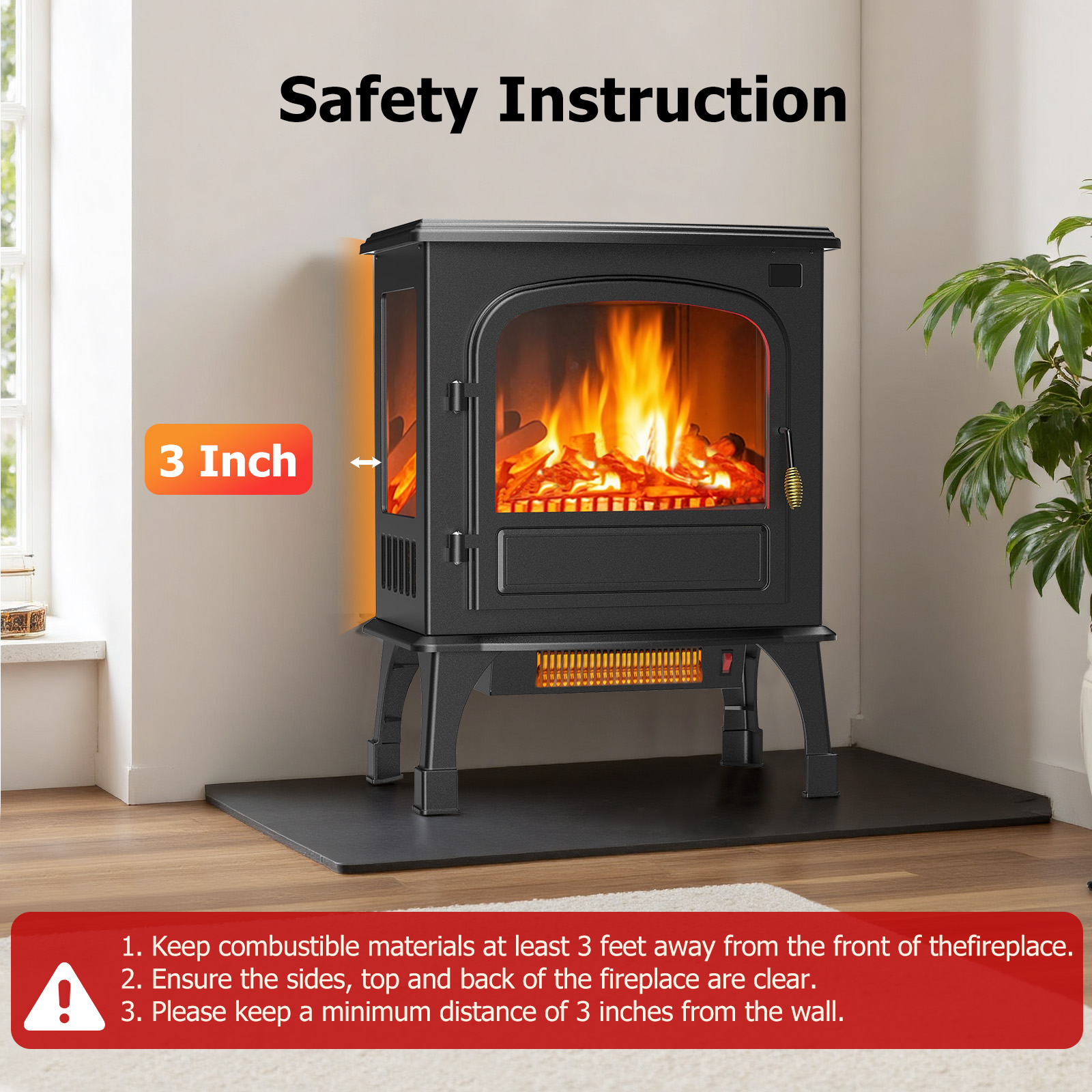 Atilioo 26" Electric Fireplace Stove, Freestanding 3D Flame Energy Saving Space Heater with Remote, Overheating Protection, 12H Timer, Single Door, Black Metal