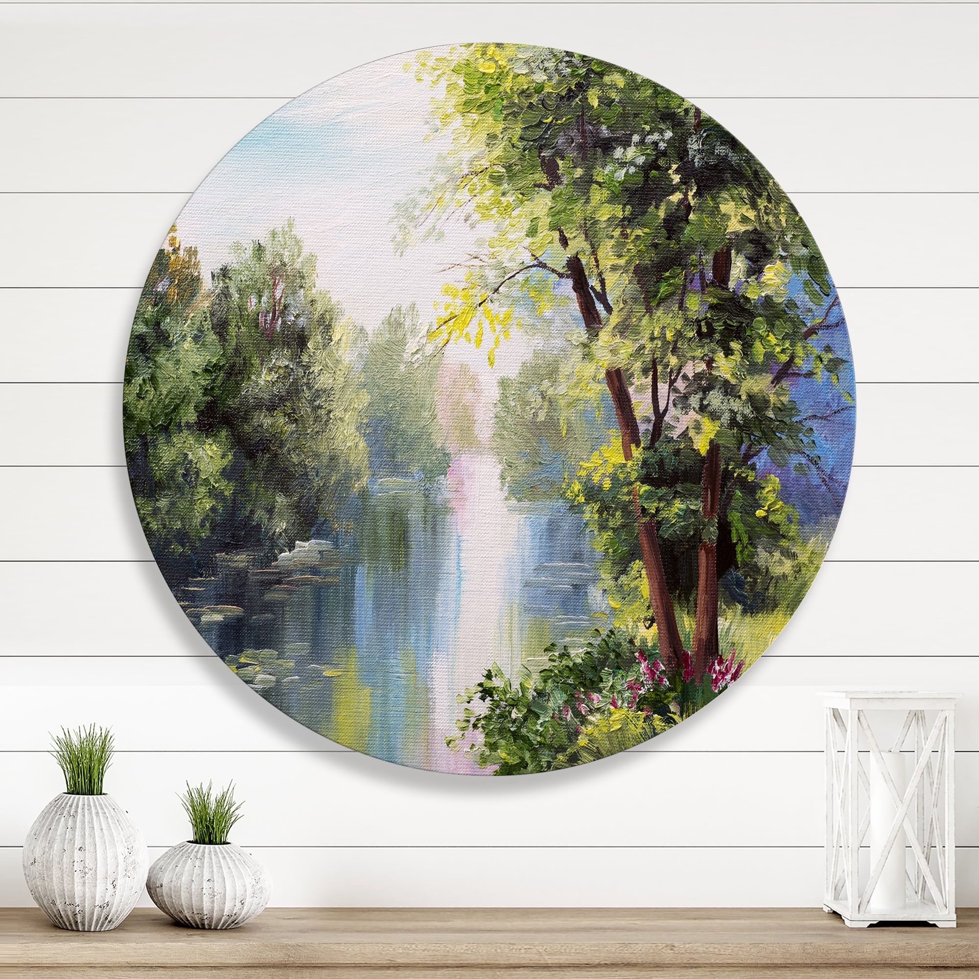 Designart 'Lake In The Forest Summer Day - Landscape' Lake House Circle Metal Wall Art 23x23 - Disc of 23