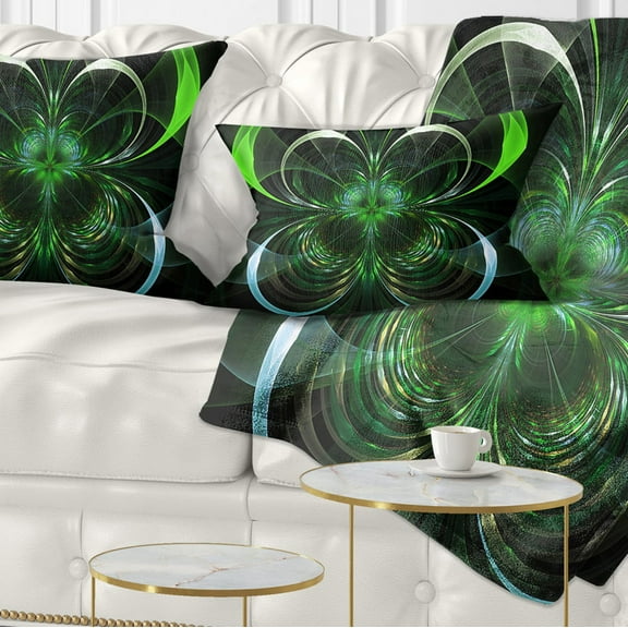 Designart Green Fractal Flower in Dark - Floral Throw Pillow - 12x20