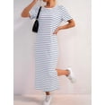 thumbnail image 4 of Women'S Crew Neck Short Sleeve All-over Striped Side Split Loose Midi Casual Dress Blue & White. L, 4 of 7