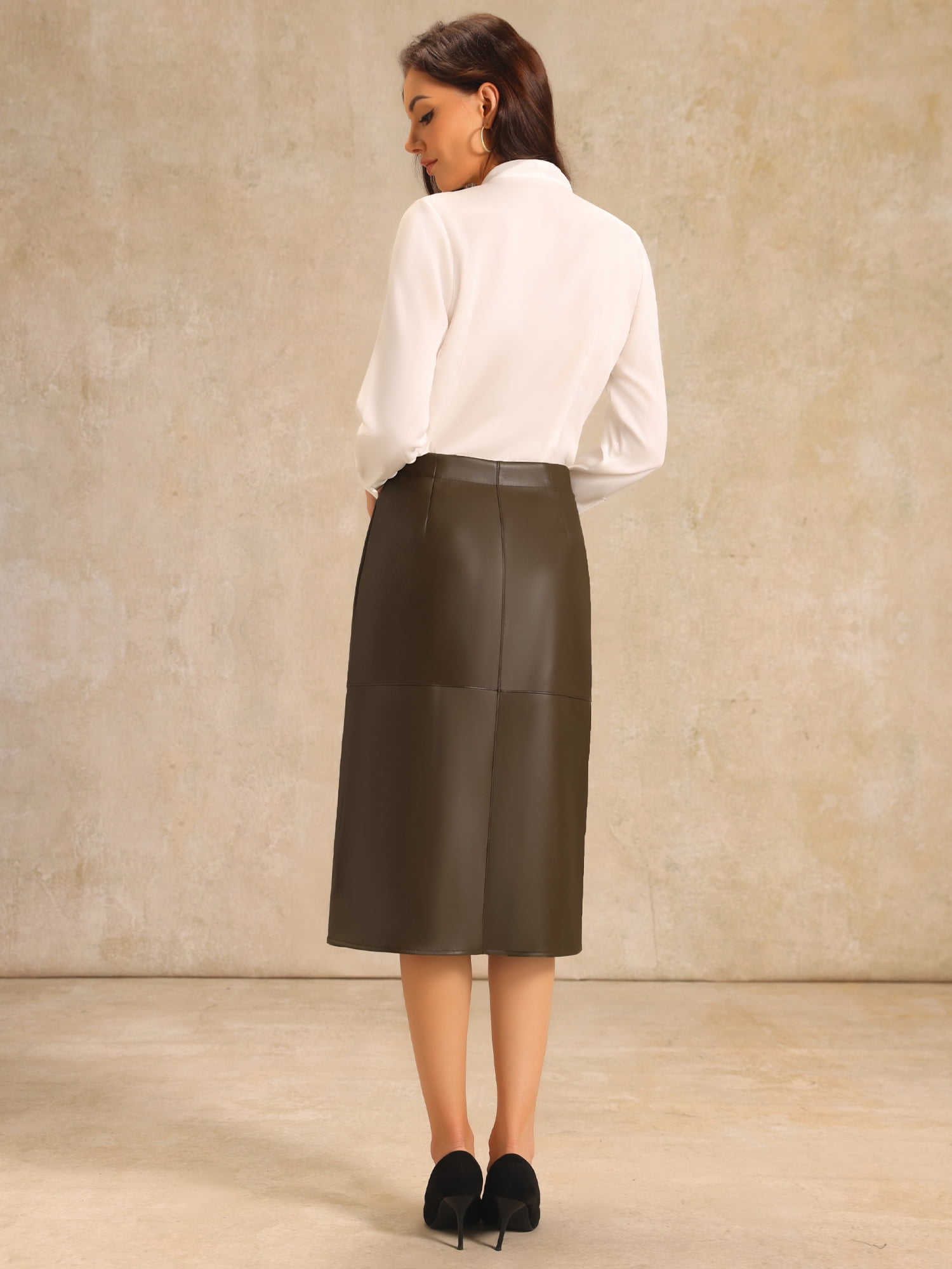 DARING DIVA Women's Faux Leather High Waist Knee Length Skirts Large Brown