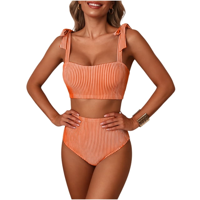 Conjunto de Bikini de Cintura Alta para Mujeres Traje de Baño de Correa sin Espalda de Color Sólido con Sujetadores Acolchados Extraíbles, Estilo de Corte Alto para Vacaciones Y Piscina