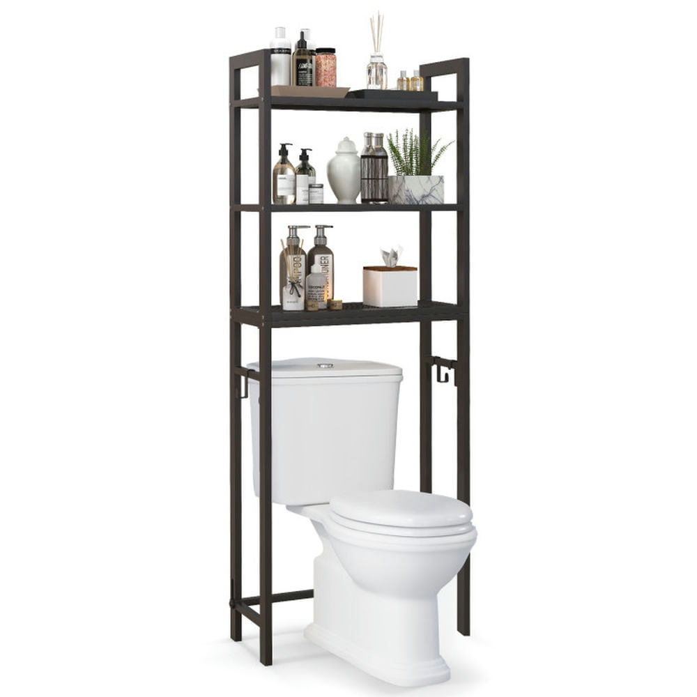 Finihen Toilet Storage Rack, Toilet Storage Shelf, Over-The-Toilet Storage Shelf Space Saving Metal Bathroom Organizer Hooks, for Bathroom, Brown