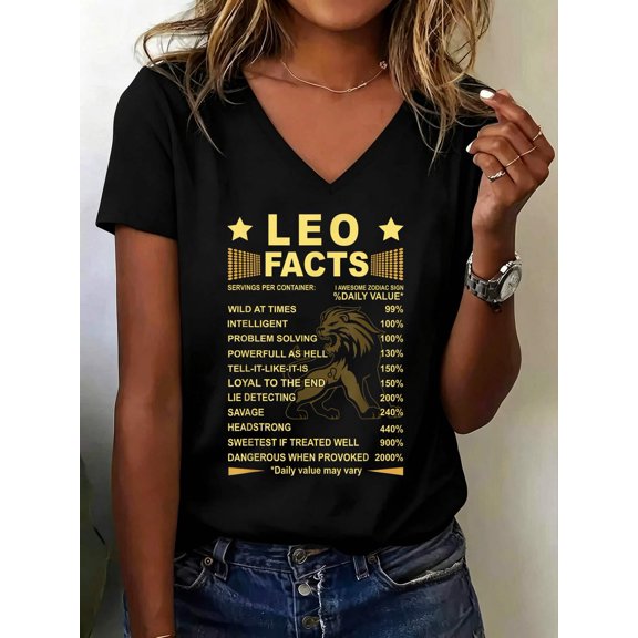 Leo Facts Zodiac Funny Leo Birthday Gift Tee V Neck T-Shirt Cotton Women's V Neck Graphic Tee, Casual Short Sleeve Shirt,Vacation Outfit