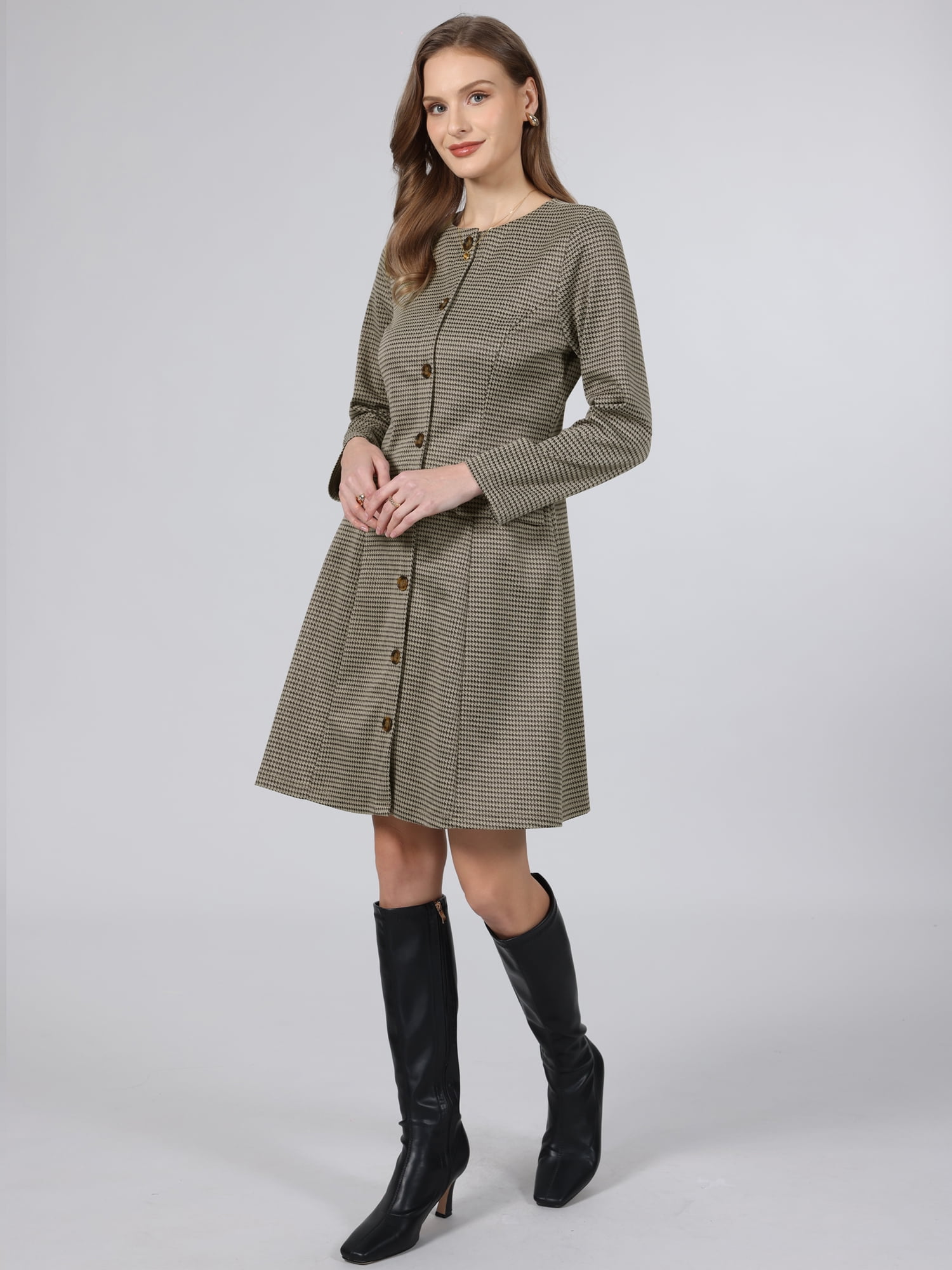 DARING DIVA Women's Houndstooth Plaid Long Sleeve Button Down Dress S Brown